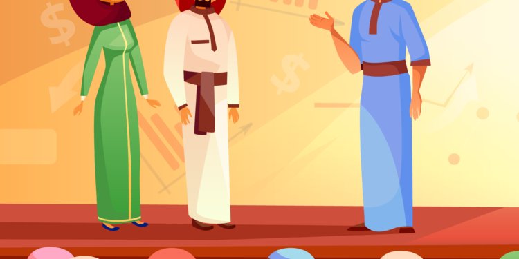 Muslim people at conference vector illustration of Saudi Arabian man and woman in khaliji and hijab. Audience at business interview presentation and speaker on stage with infographic background