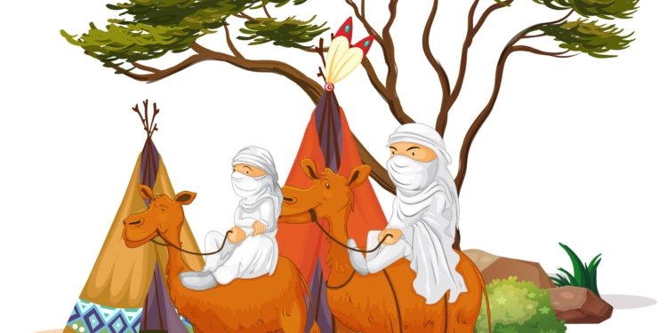 Isolated picture of people riding camels illustration