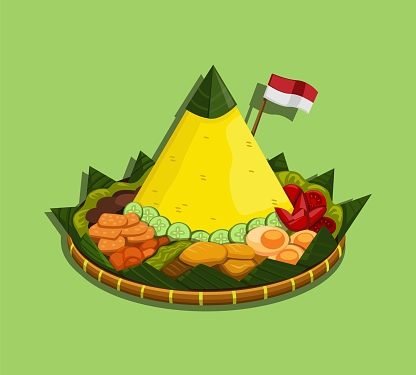 Nasi tumpeng is an Indonesian cone-shaped rice dish with side dishes of vegetables and meat originating from Javanese cuisine of Indonesia. cartoon illustration vector